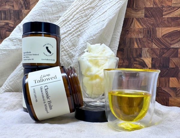 Classic whipped balm amber jar stacked tallow and jojoba ingredients